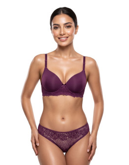 Lace Trim Padded Full Coverage Bra-Bp-5003-Wine