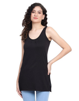 Cotton Side Slit Broad Straps Slip-US04-Black